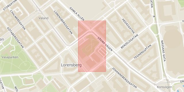 Karta som med röd fyrkant ramar in Lorensbergsparken, Göteborg, Västra Götalands län