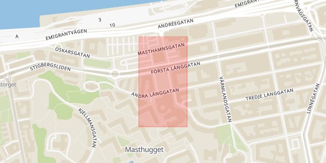 Karta som med röd fyrkant ramar in Masthuggstorget, Göteborg, Västra Götalands län