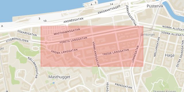 Karta som med röd fyrkant ramar in Andra Långgatan, Göteborg, Västra Götalands län