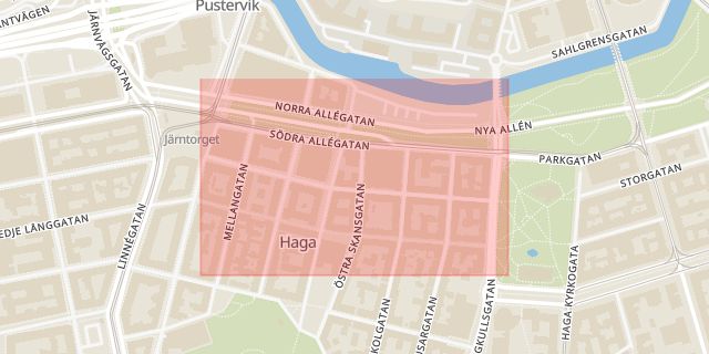 Karta som med röd fyrkant ramar in Haga, Haga Östergata, Göteborg, Västra Götalands län