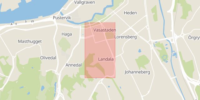 Karta som med röd fyrkant ramar in Landala, Göteborg, Västra Götalands län