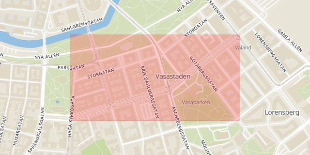 Karta som med röd fyrkant ramar in Vasastaden, Vasagatan, Göteborg, Västra Götalands län