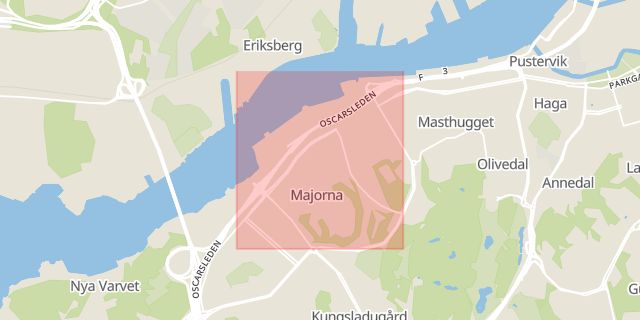 Karta som med röd fyrkant ramar in Majorna, Göteborg, Västra Götalands län