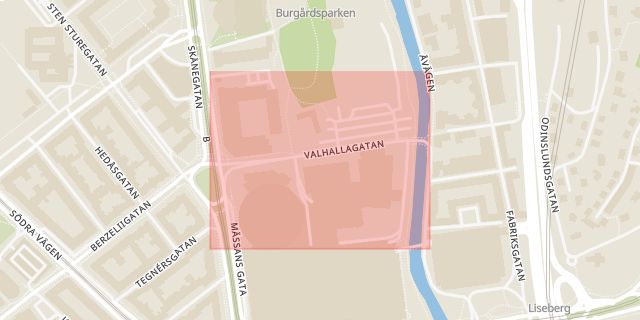 Karta som med röd fyrkant ramar in Valhallagatan, Göteborg, Västra Götalands län