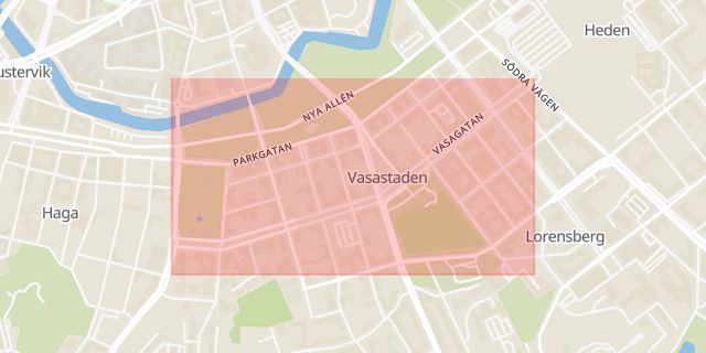 Karta som med röd fyrkant ramar in Vasagatan, Göteborg, Västra Götalands län