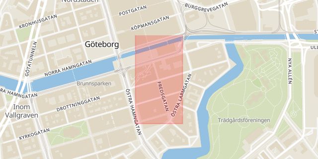 Karta som med röd fyrkant ramar in Östra Hamngatan, Fredsgatan, Drottninggatan, Saxen, Göteborg, Västra Götalands län