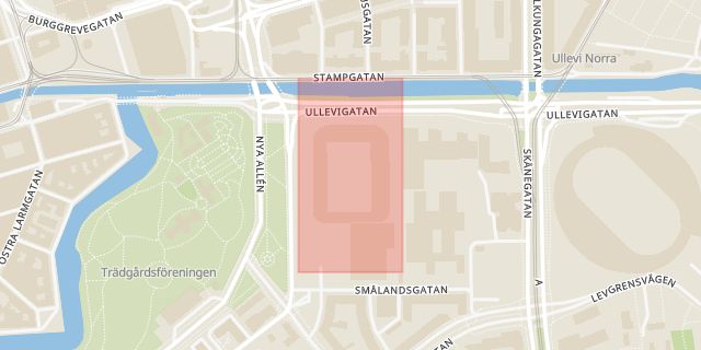 Karta som med röd fyrkant ramar in Nya Ullevi, Stampgatan, Odinsgatan, Göteborg, Västra Götalands län
