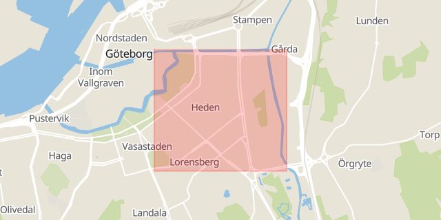 Karta som med röd fyrkant ramar in Partille, Heden, Göteborg, Västra Götalands län