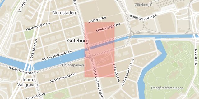 Karta som med röd fyrkant ramar in Brunnsparken, Göteborg, Västra Götalands län