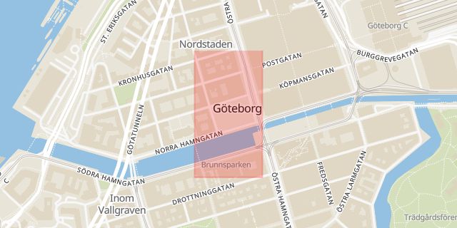 Karta som med röd fyrkant ramar in Gustaf Adolfs Torg, Göteborg, Västra Götalands län
