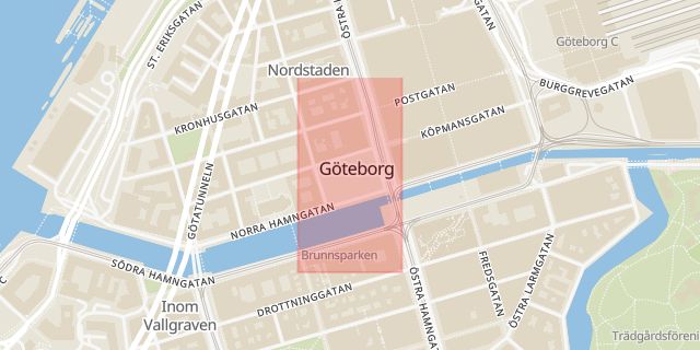 Karta som med röd fyrkant ramar in Gustaf Adolfs Torg, Harry Hjörnes Plats, Göteborg, Västra Götalands län