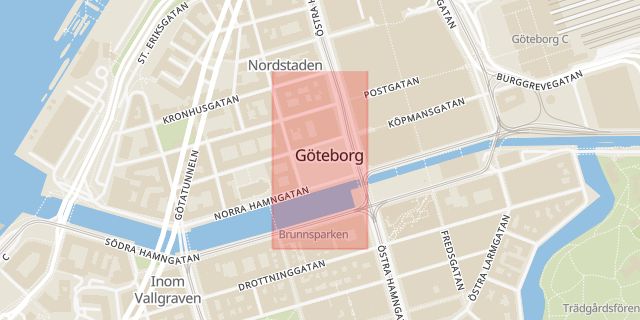 Karta som med röd fyrkant ramar in Avenyn, Götaplatsen, Gustaf Adolfs Torg, Göteborg, Västra Götalands län