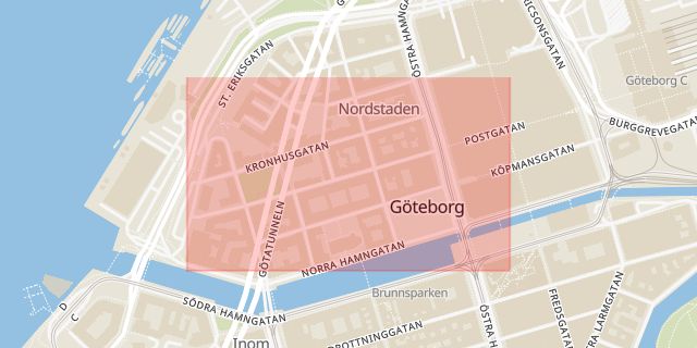 Karta som med röd fyrkant ramar in Postgatan, Göteborg, Västra Götalands län