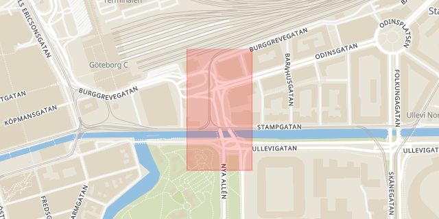 Karta som med röd fyrkant ramar in Polhemsplatsen, Göteborg, Västra Götalands län