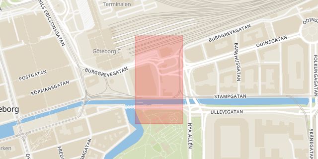 Karta som med röd fyrkant ramar in Åkareplatsen, Göteborg, Västra Götalands län