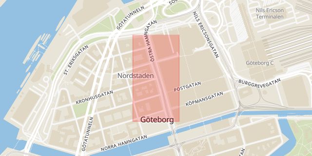 Karta som med röd fyrkant ramar in Otterhällan, Östra Hamngatan, Kronhusgatan, Göteborg, Västra Götalands län