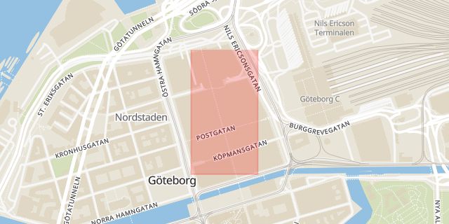 Karta som med röd fyrkant ramar in Nordstan, Mölndal, Strandgatan, Göteborg, Västra Götalands län