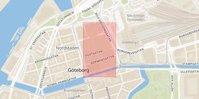 Karta som med röd fyrkant ramar in Nordstan, Göteborg, Västra Götalands län