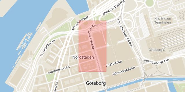 Karta som med röd fyrkant ramar in Lilla Bommen, Östra Hamngatan, Göteborg, Västra Götalands län