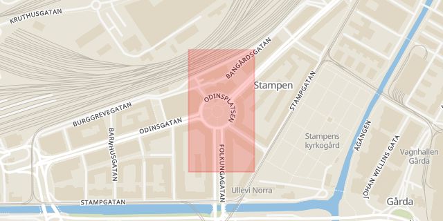 Karta som med röd fyrkant ramar in Odinsplatsen, Göteborg, Västra Götalands län
