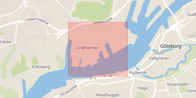 Karta som med röd fyrkant ramar in Lindholmen, Göteborg, Västra Götalands län