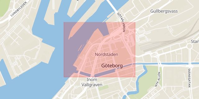 Karta som med röd fyrkant ramar in Nordstaden, Göteborg, Västra Götalands län