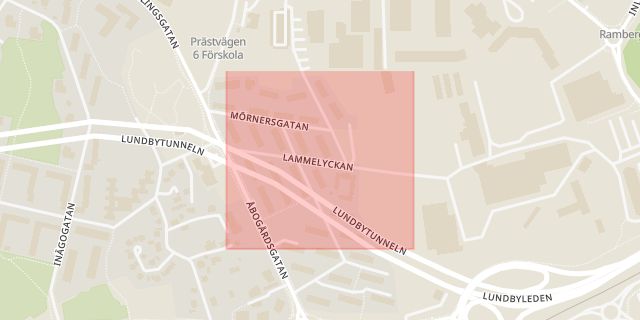 Karta som med röd fyrkant ramar in Lammelyckan, Hisingen, Göteborg, Västra Götalands län