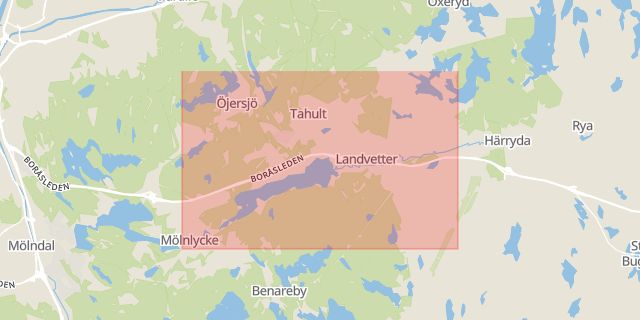 Karta som med röd fyrkant ramar in Landvetter, Härryda, Västra Götalands län