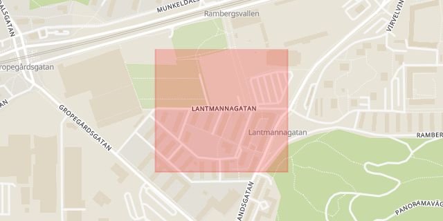 Karta som med röd fyrkant ramar in Lantmannagatan, Hisingen, Göteborg, Västra Götalands län