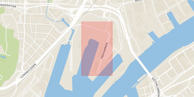 Karta som med röd fyrkant ramar in Frihamnen, Göteborg, Västra Götalands län