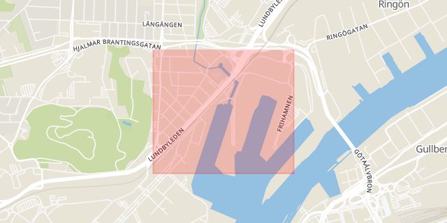 Karta som med röd fyrkant ramar in Lindholmen, Lundby Hamngata, Göteborg, Västra Götalands län