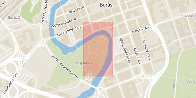 Karta som med röd fyrkant ramar in Stadsparken, Borås, Västra Götalands län