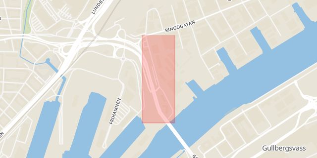 Karta som med röd fyrkant ramar in Gjutjärnsgatan, Ringön, Göteborg, Västra Götalands län