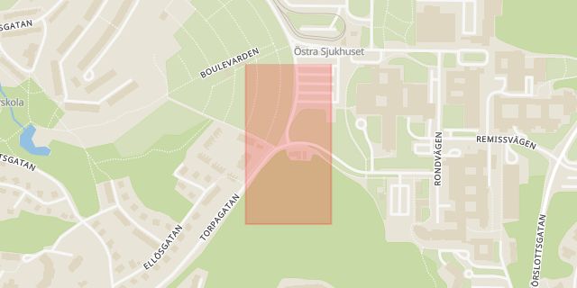 Karta som med röd fyrkant ramar in Uddeholmsgatan, Torpagatan, Blidvädersgatan, Västra Götalands län