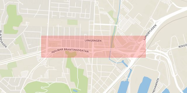 Karta som med röd fyrkant ramar in Kvillebäcken, Hjalmar Brantingsgatan, Göteborg, Västra Götalands län