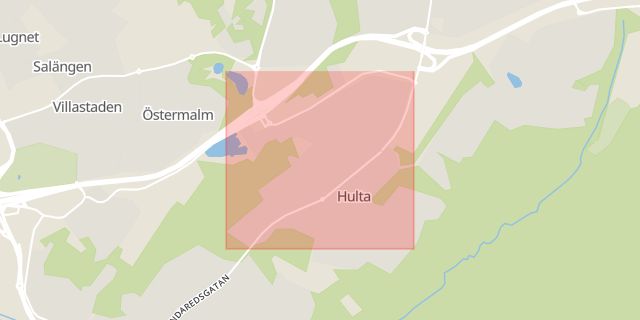 Karta som med röd fyrkant ramar in Hulta, Borås, Västra Götalands län