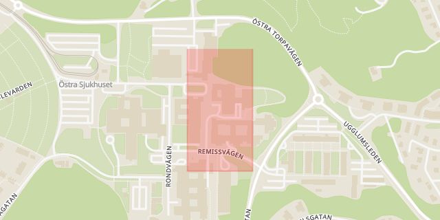 Karta som med röd fyrkant ramar in Hammarkulletorget, Östra Sjukhuset, Göteborg, Västra Götalands län