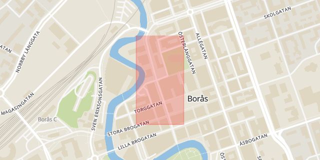 Karta som med röd fyrkant ramar in Borås, Åsboholmsgatan, Bäckefors, Västra Götalands län