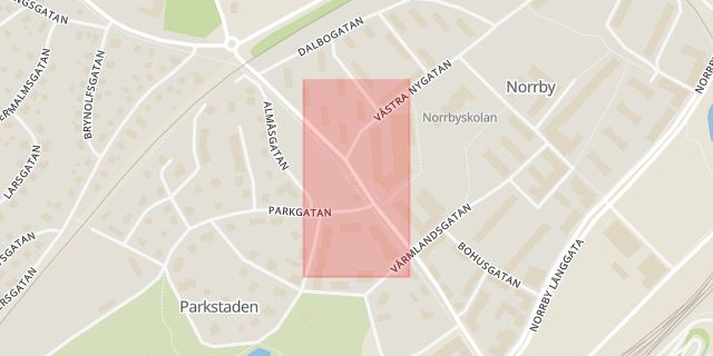 Karta som med röd fyrkant ramar in Norrby Tvärgata, Almåsskolan, Borås, Västra Götalands län