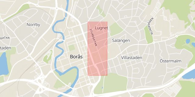 Karta som med röd fyrkant ramar in Sturegatan, Borås, Västra Götalands län