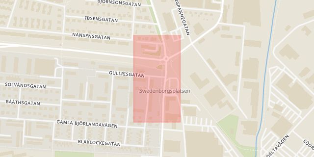 Karta som med röd fyrkant ramar in Swedenborgsplatsen, Göteborg, Västra Götalands län