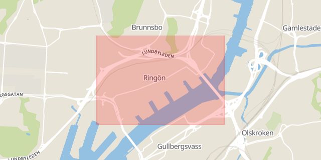 Karta som med röd fyrkant ramar in Ringön, Göteborg, Västra Götalands län