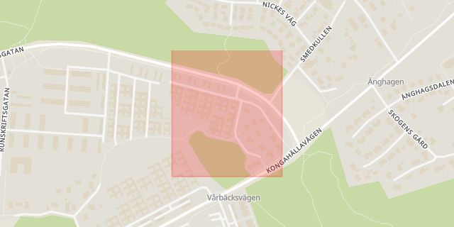 Karta som med röd fyrkant ramar in Nolered, Högstensgatan, Göteborg, Västra Götalands län