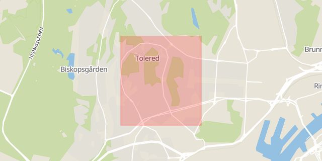 Karta som med röd fyrkant ramar in Tolered, Göteborg, Västra Götalands län