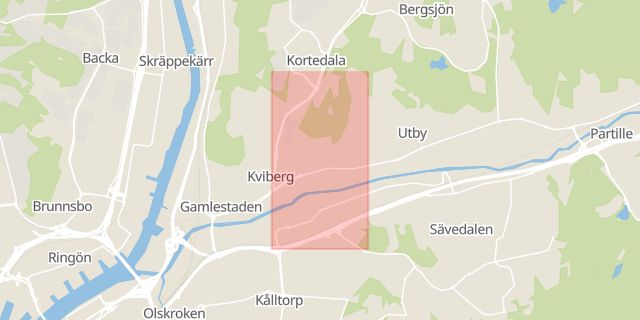 Karta som med röd fyrkant ramar in Kviberg, Putten, Göteborg, Västra Götalands län