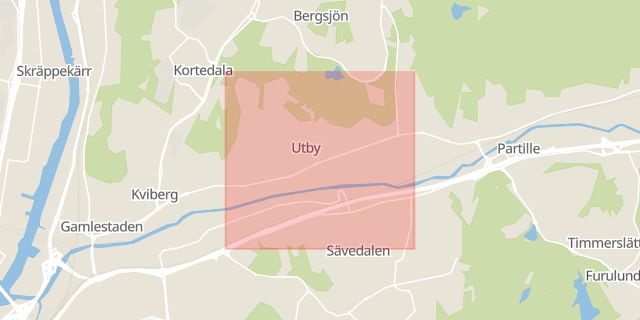 Karta som med röd fyrkant ramar in Utby, Göteborg, Västra Götalands län