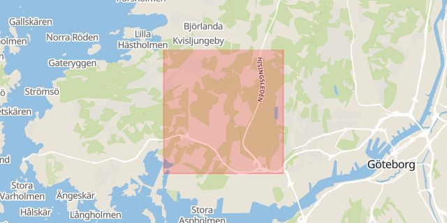 Karta som med röd fyrkant ramar in Hisingen, Rambergsstaden, Göteborg, Västra Götalands län