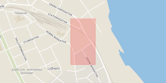 Karta som med röd fyrkant ramar in Stationsgatan, Västervik, Kalmar län