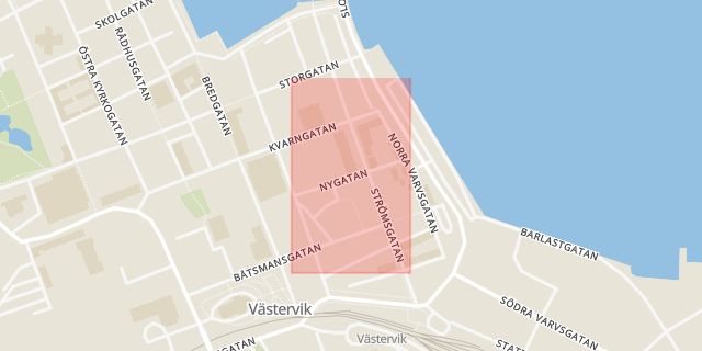 Karta som med röd fyrkant ramar in Nygatan, Västervik, Kalmar län
