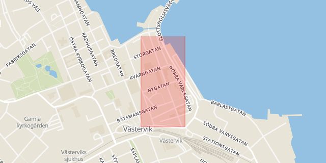 Karta som med röd fyrkant ramar in Strömsgatan, Västervik, Kalmar län